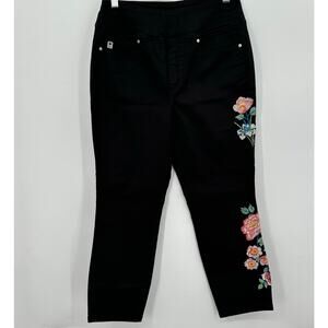 Belle by Kim Gravel Black Floral Pull On Cotton Twill Ankle Jeans Womens Size 2